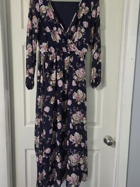 Club Soda Navy Blue Floral Long Sleeve Faux Wrap Maxi Dress